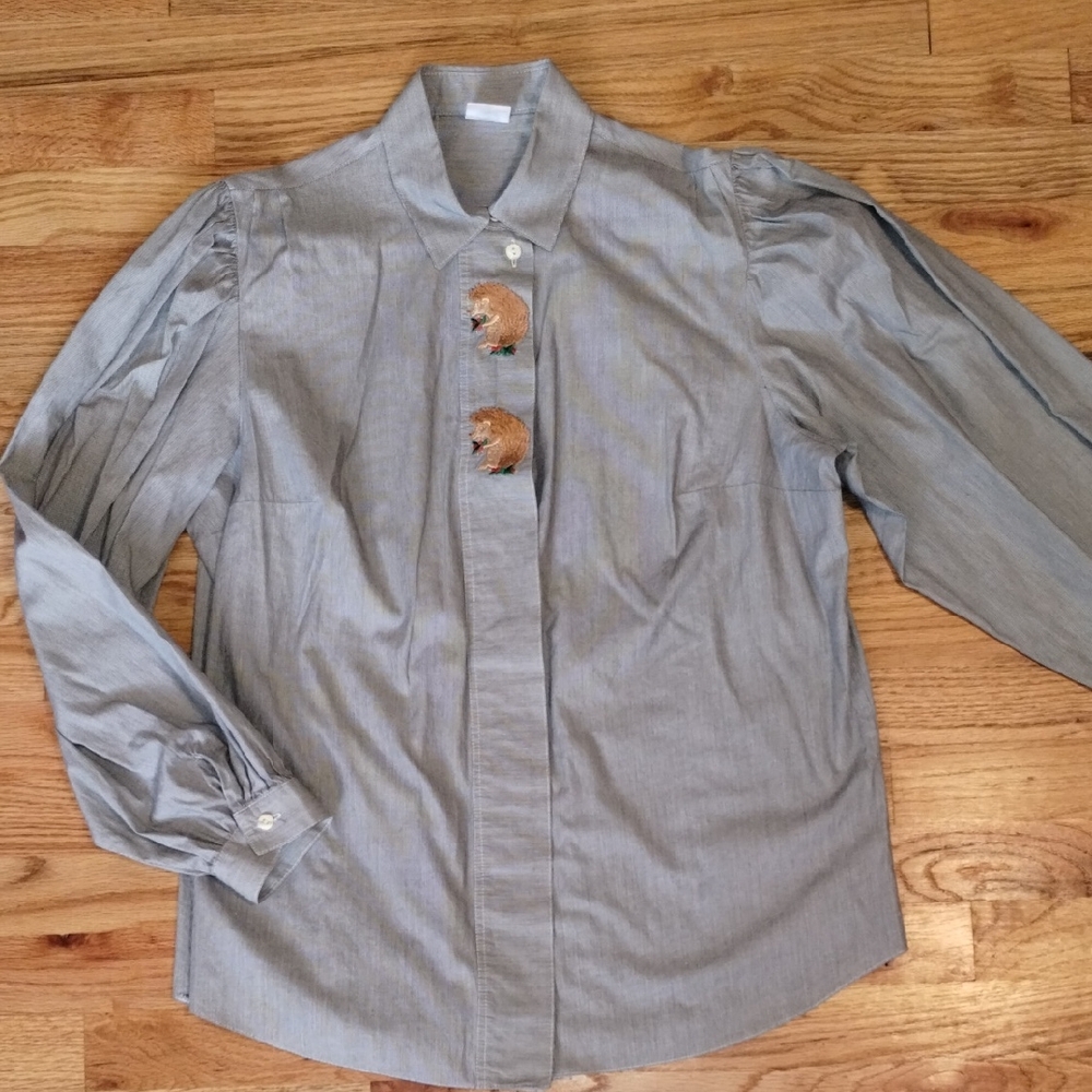 1980s Hedgehog Gray Button-Up Shirt with Puffed Sleeves